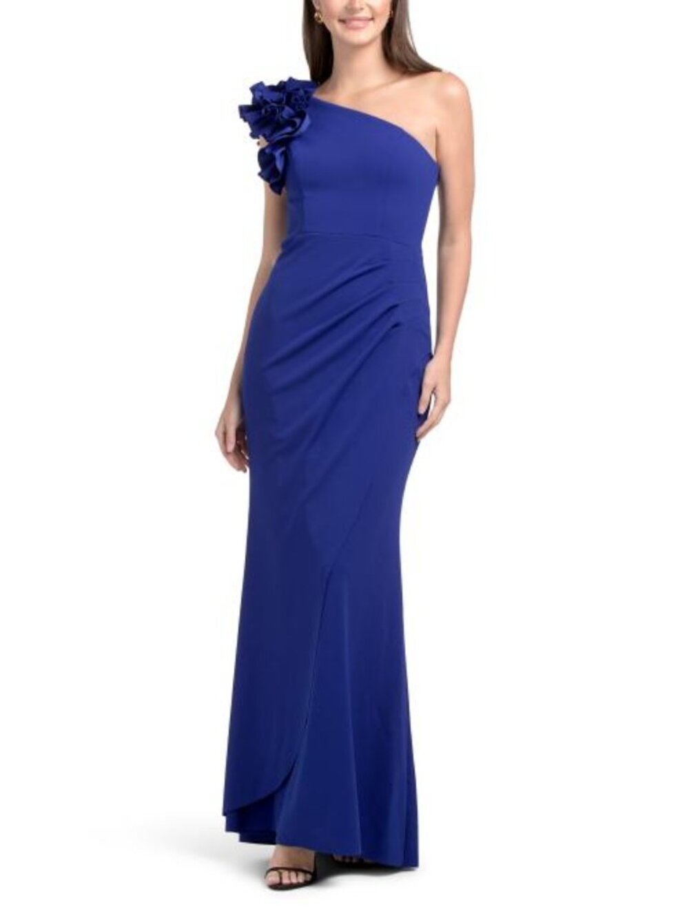 XSCAPE Made In Usa One Shoulder Ruffled Sleeve Gown